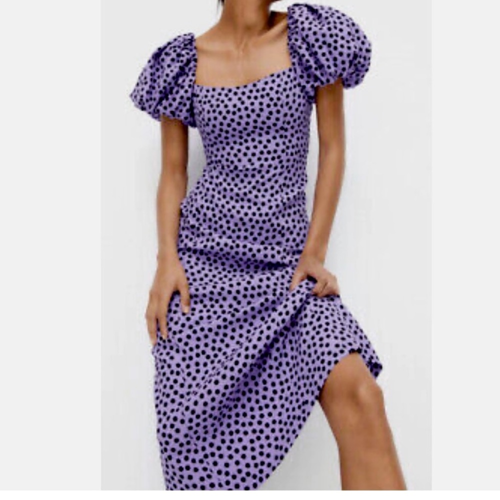Zara puff sleeve purple and black midi dress blogger favorite XS